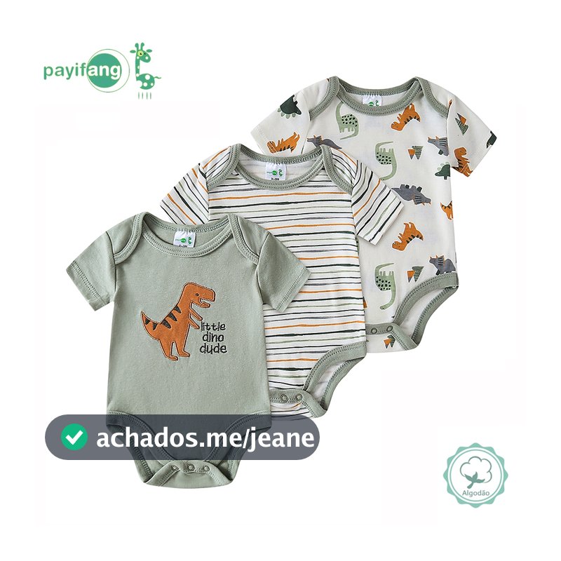 Conjunto 3 Body de Bebê Algodão e Poliéster Manga Curta Estampa Dinossauro T-Rex Roupa Infantil