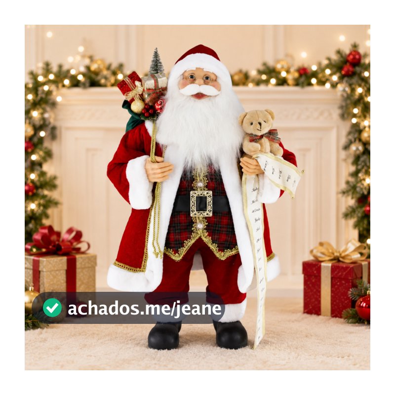 Papai Noel Tradicional Colete Xadrez com Urso e Saco de Presente Decoração Natal