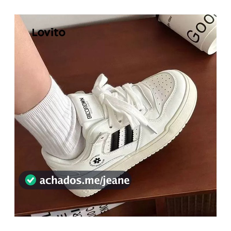 Lovito Casual Tênis Esportivos Brancos Minimalistas para Todas As Estações Tênis Femininos brancos LFA87018