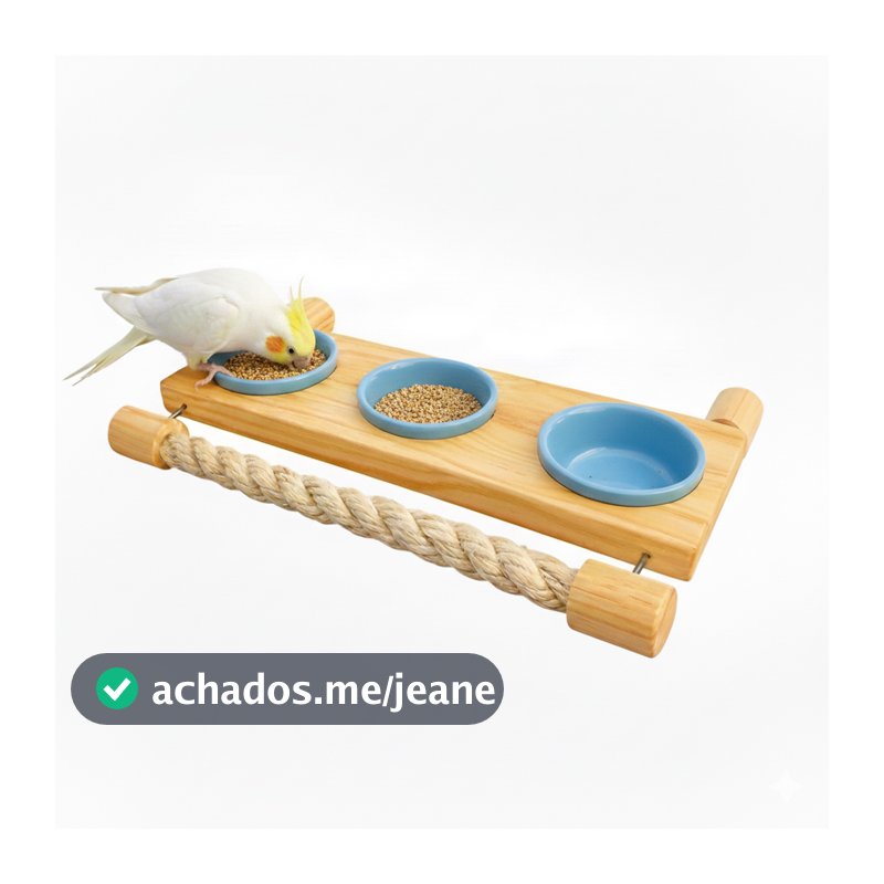 Comedouro Premium para Aves com Poleiro de Sisal, Potes de Porcelana e Suporte em Inox