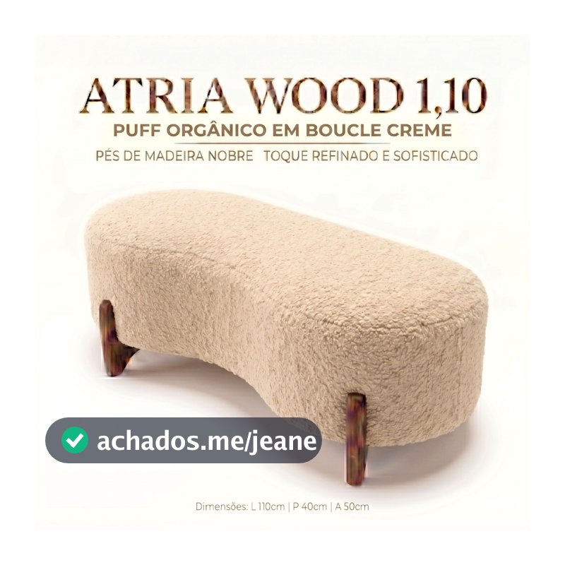 Puff Atria Wood 1,10m em Bouclé Creme Premium • Design Orgânico Sofisticado • Tendência em Decoração Contemporânea