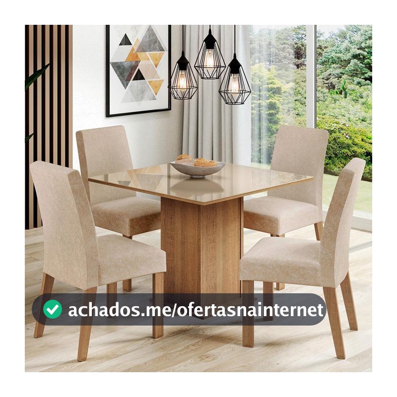Conjunto Sala de Jantar Mesa Tampo de Vidro com 4 Cadeiras Rustic/Crema/Imperial Madesa Evelin