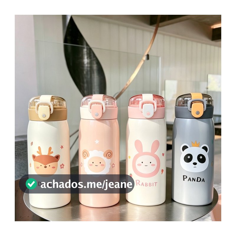 Garrafa Térmica Infantil com Canudo 350ml Aço Inoxidável 304 Estampa Animal Fofa