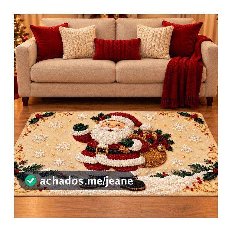 Tapete de Sala Natalino Emborrachado Antiderrapante 118x78cm Decorativo Natal Merry Christmas para Sala e Quarto