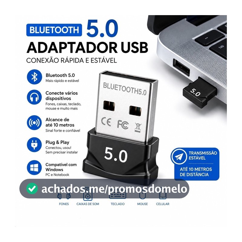 Adaptador Bluetooth 5.0 USB Transmissor Áudio Sem Fio para Notebook e Carros