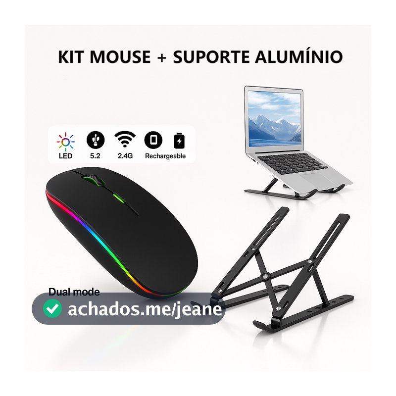 Kit Mouse Sem Fio Recarregável mais Suporte Notebook Tablet Regulável Home Office