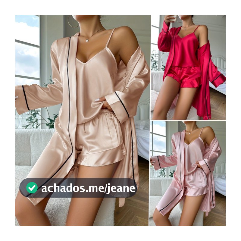 Conjunto De 3 Peças Roupa Pijama Feminino Top Elegante De Alça Sexy E Shorts E Roupão Dormir