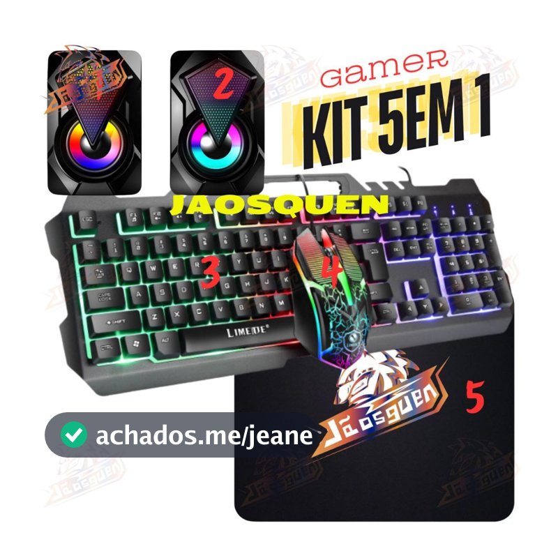 Kit 5em 1 Teclado Gamer Semi Mecanico Iluminado + mouse pad + caixa de som + mouse para Jogos