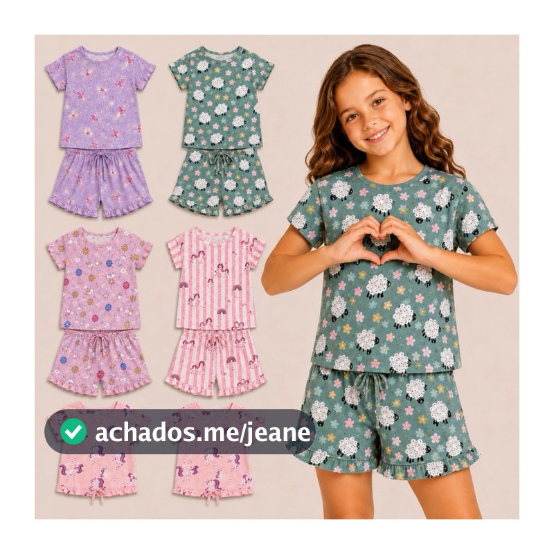 Pijama Menina Suede Premium Macio Estampado Manga Curta Estiloso Infantil Conjunto Blusa e Short Confortável