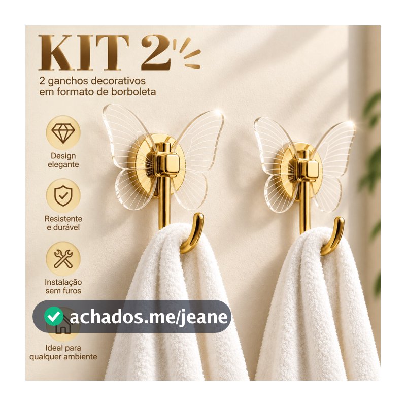 Kit Gancho Decorativo Borboleta Acrílico 2 Peças Autocolante Dourado