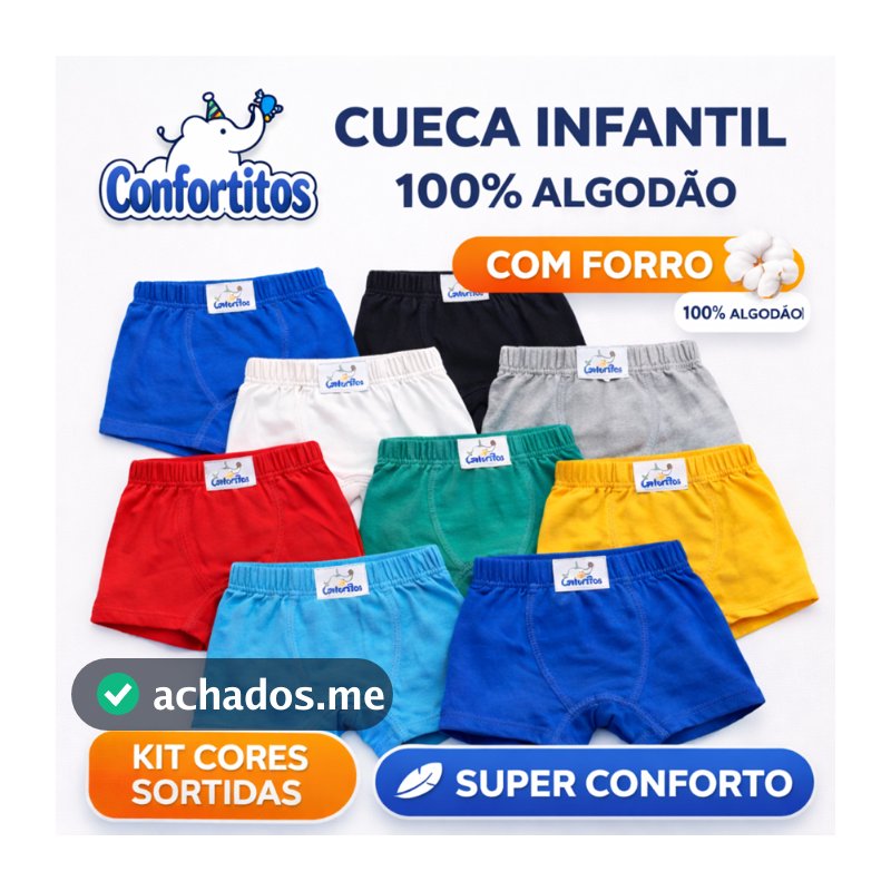 Kit Cuecas Infantis Box Menino 100% Algodão com Forro Confortável Macia Respirável Cores Sortidas