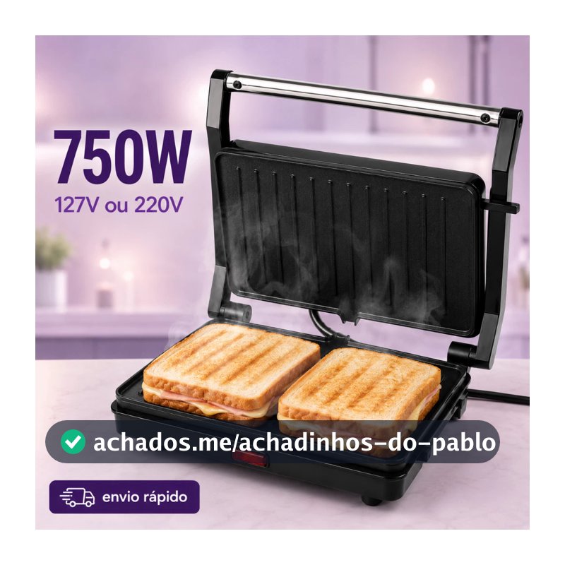 SANDUICHEIRA GRILL ELÉTRICA 2 EM 1 MULTIUSO INOX PRETA KAZA+