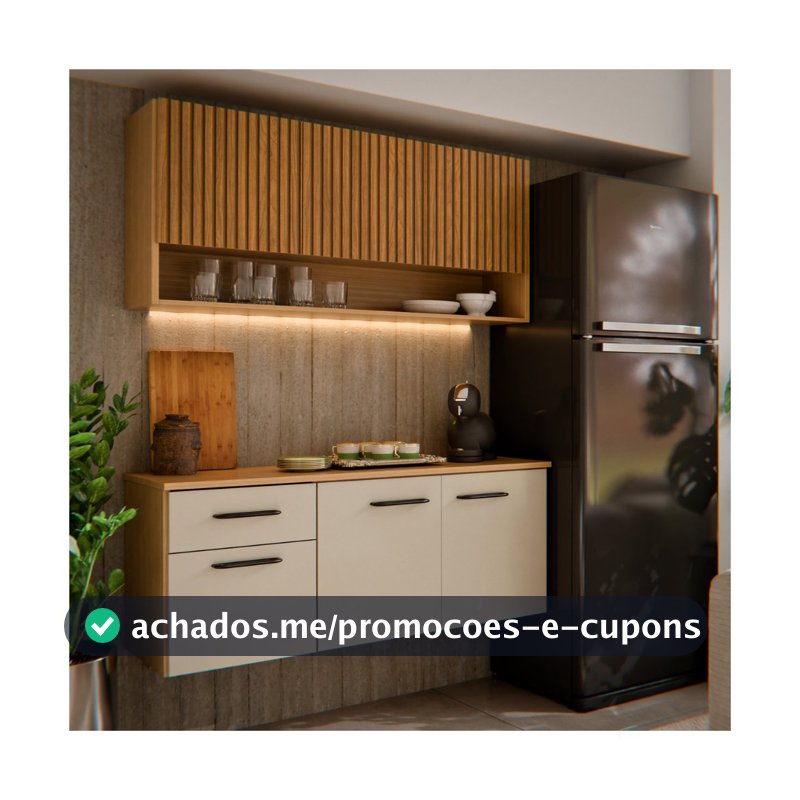 Armário de Cozinha Completo 6 Portas Ripado 3D com Balcão e Aéreo Suspenso Cozinha Compacta Eliza