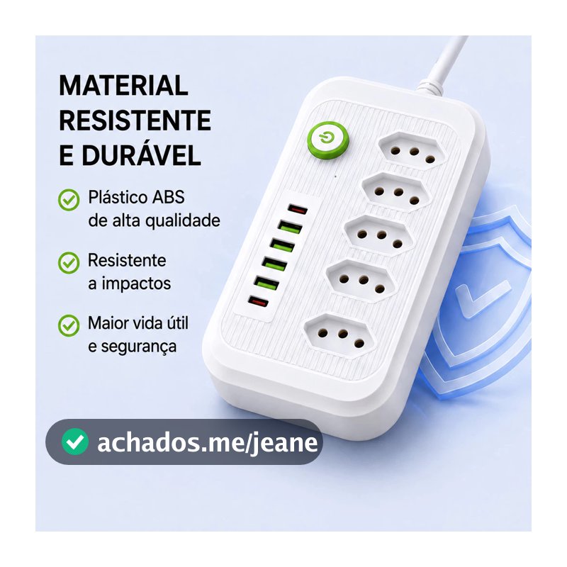 Régua Filtro de Linha com 5 Tomadas Extensão Elétrica 4 USB e 1 USB-C Bivolt 10A 110v/220v Cabo de 2 Metros