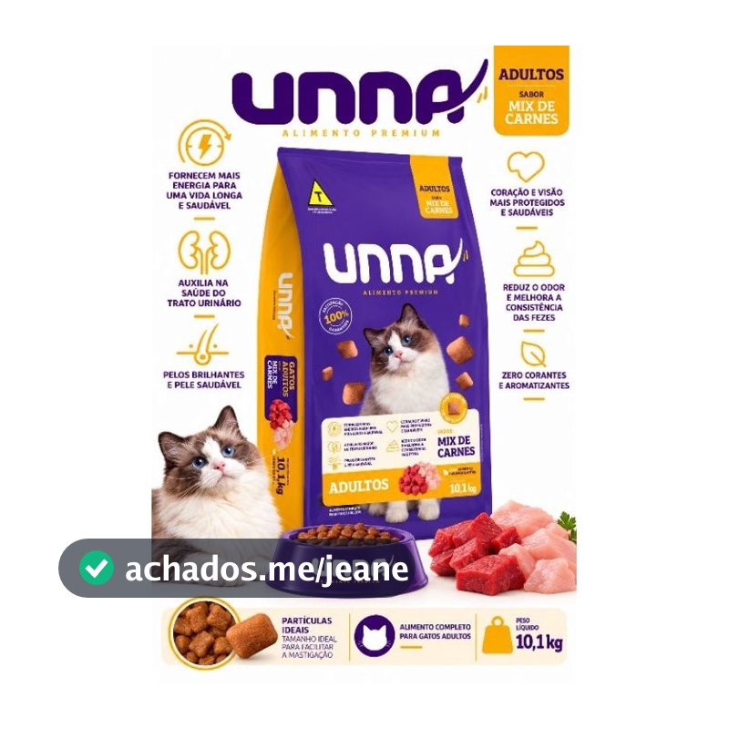 Ração Unna Gatos Adultos Mix de Carnes 10,1kg Premium Sem Corantes e Aromatizantes Nutrição Completa
