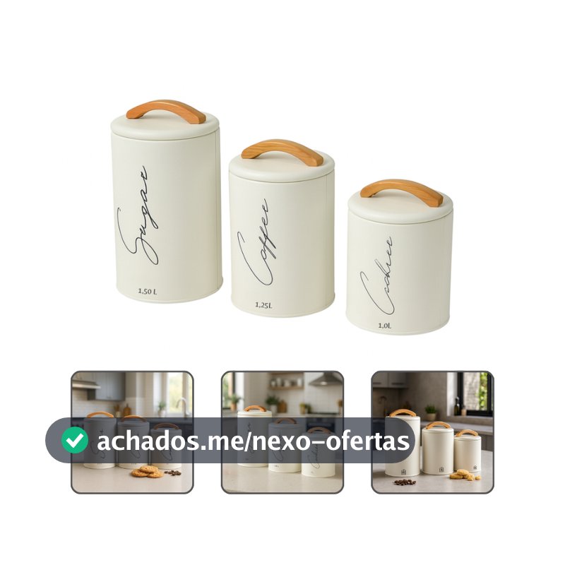 Kit 3 Potes Herméticos Mantimentos Lata Com Tampa E Alça Em Bambu Açúcar Café E Cookies