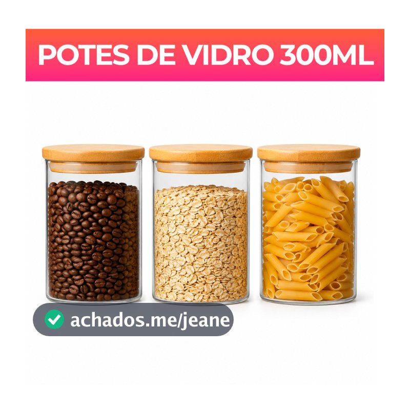 Kit potes de vidro com tampa de bambu herméticos para mantimentos empilháveis 300ml