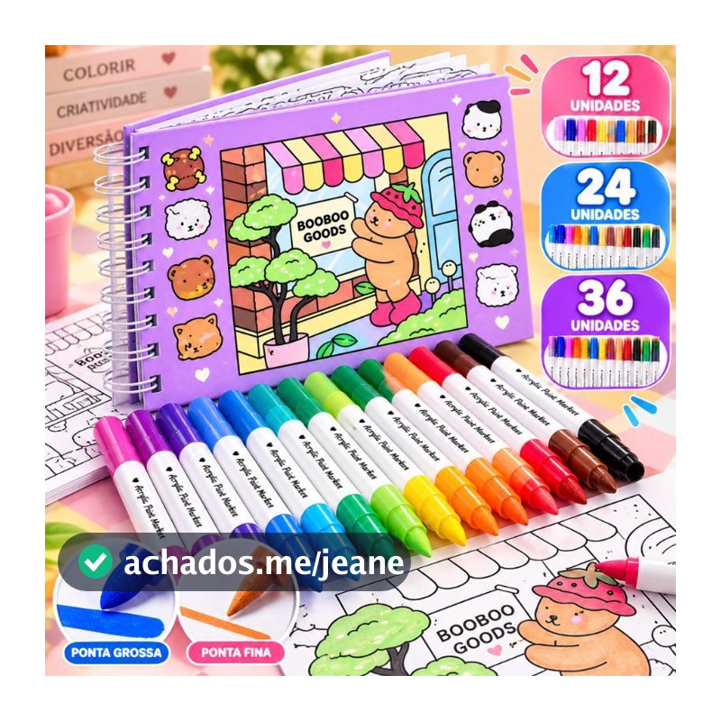 Kit Presente Livro de Colorir Booboo Goods + Canetas Ponta Dupla 50 Folhas 180g Ursinhos Cute A5