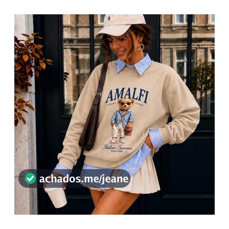 Moletom Algodão Feminino Urso Amalfi Teddy Gola Careca Macio Quente Confortável Inverno 2026