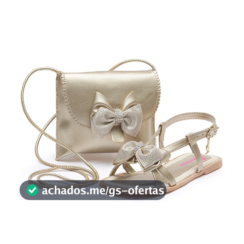 Kit Sandália Rasteirinha Infantil Feminina com Bolsa Dourado Laço Brilho BB&Kids