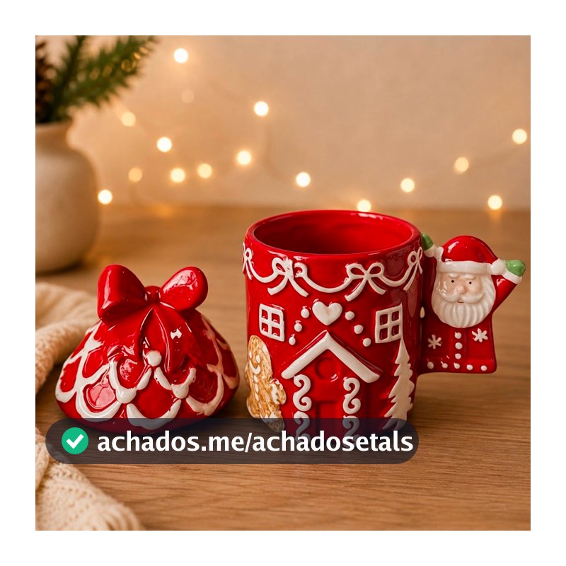 Caneca Com Tampa Papai Noel e Biscoito De Natal Gingerbread Caneca Decorativa De Porcelana