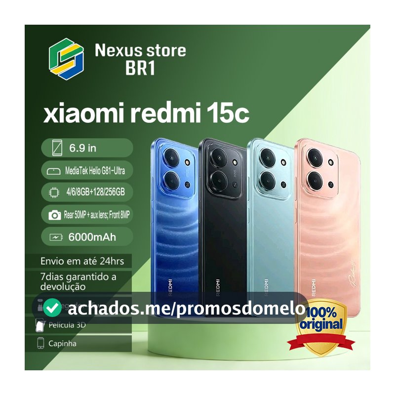 Celular Xiaomi Redmi 15C Processador Mediatek Hélio G81-Ultra, Bateria 6000mAh, Proteção IP64