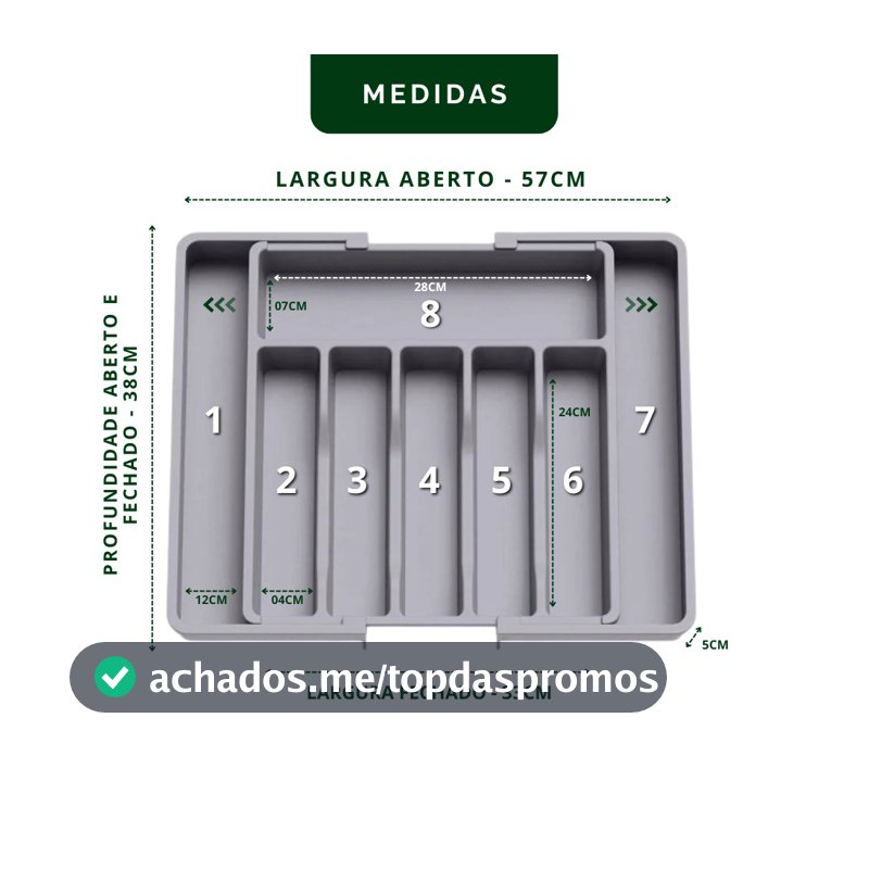 Organizador de gaveta para talheres com 8 compartimentos e extensor ajustável para melhor organização