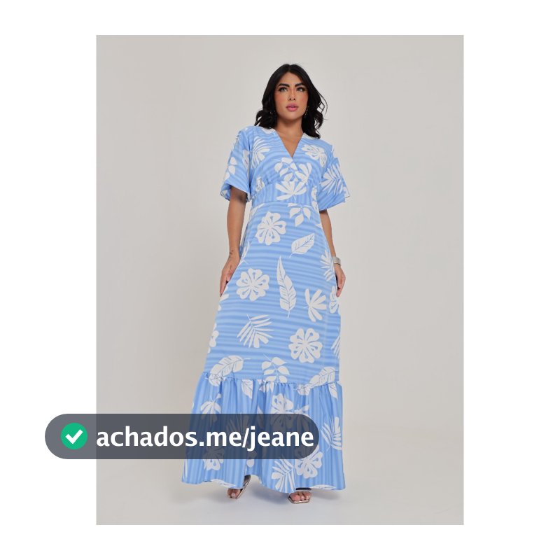 Vestido Longo Manga Curta Acinturado decote V Estampado