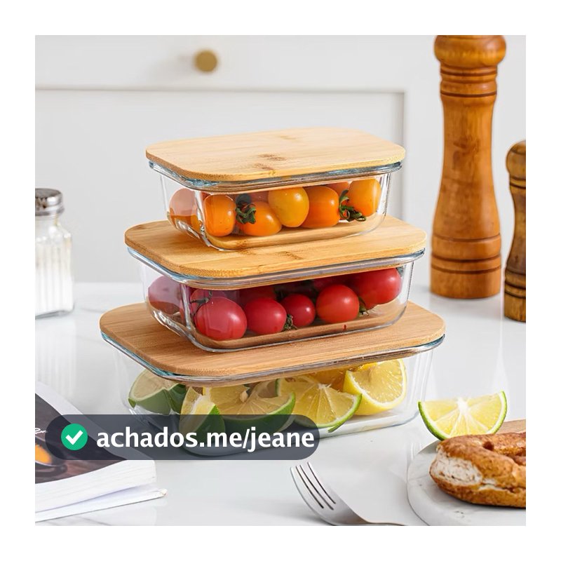 Kit 3 Potes de Vidro Com Tampa de Bambu  Organizador de Geladeira Marmita Forno Microondas e Freezer- envio rápido