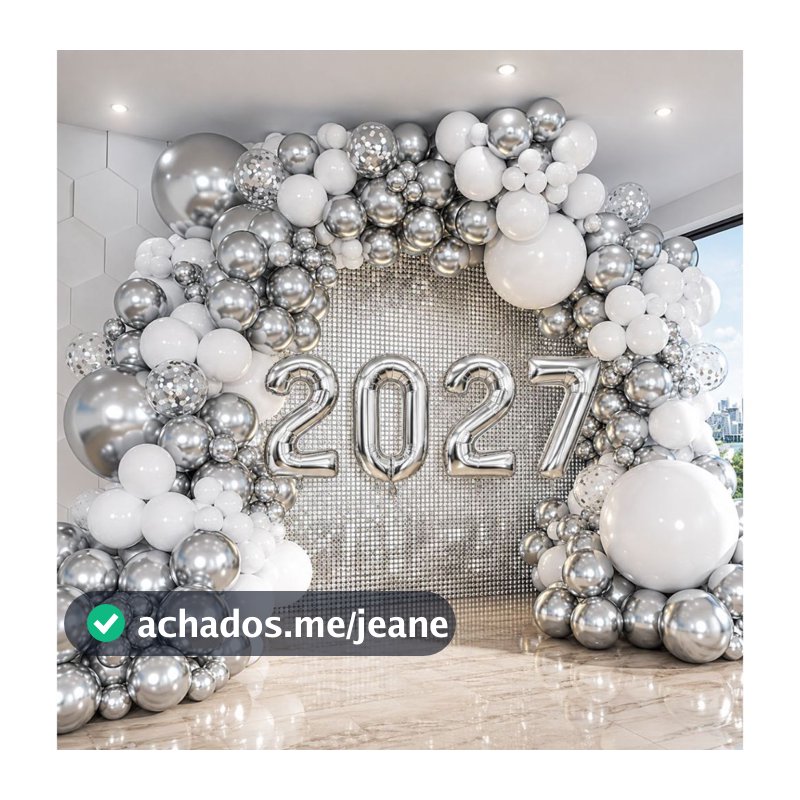 Kit Balões Ano Novo 2027 Branco Prata Cromado Metalizado Revéillon Fim de Ano Arco Desconstruído Guirlanda de Natal