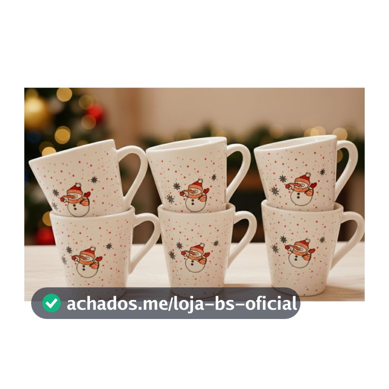Kit 6 Xícaras Café 120ml Branca Chá Decorada Natal Boneco de Neve Flocos de Neve