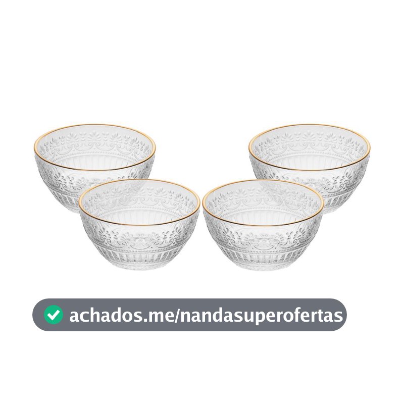 Conjunto 4 Bowls de Cristal 12,5cm Mauve com Fio de Ouro Wolff para Sobremesa Frutas Petiscos Acompanhamentos Mesa Posta
