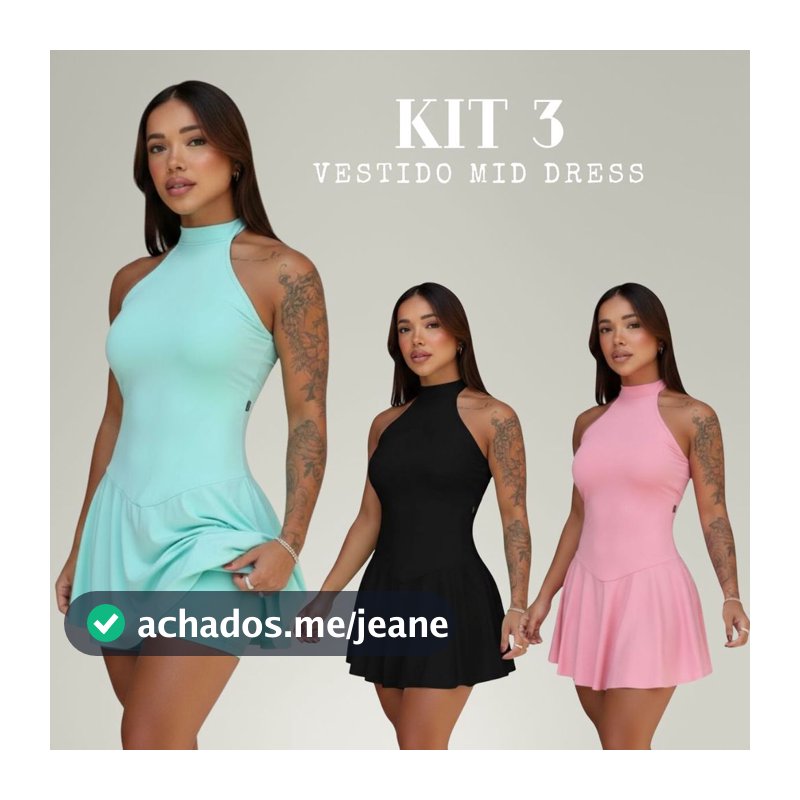 Kit 3 Vestido Mid Dress Feminino Em Tecido Fluity Com Gola Alta E Shorts Interno Justa Saia Godê