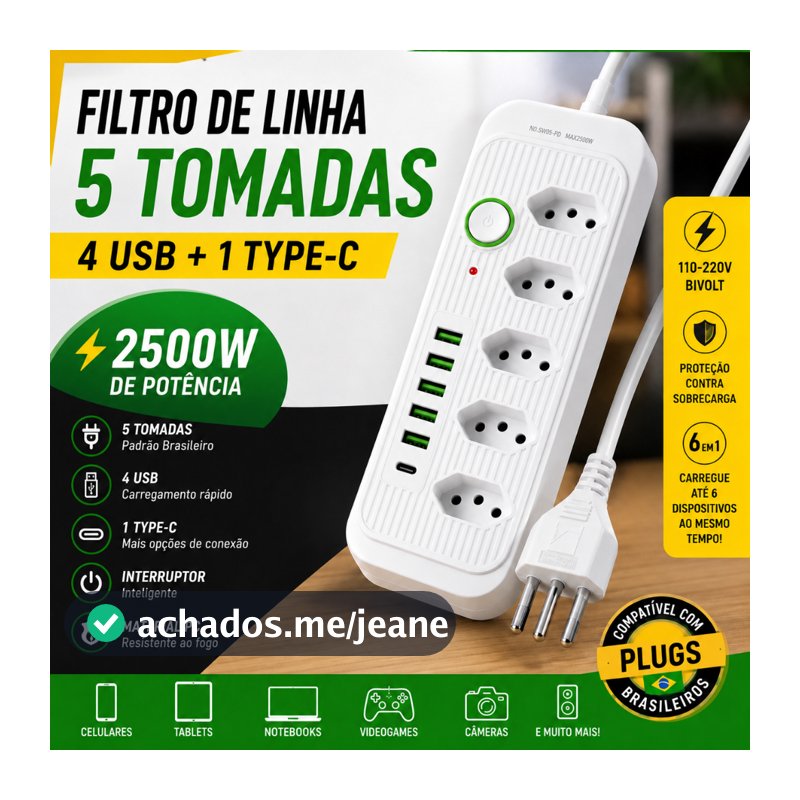 Filtro de Linha 5 Tomadas 4 USB 1 Type-C 2500W Bivolt Extensão Elétrica Régua de Tomada