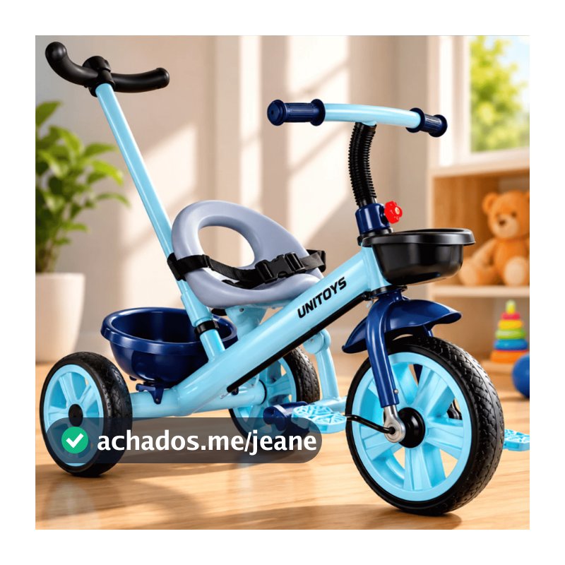 Triciclo Infantil com Empurrador e Pedal Azul para proporcionar passeios seguros para as crian