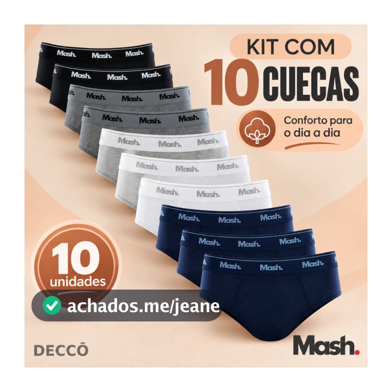 Kit Com 10 Cuecas Mash Slip de Algodao Masculina Original e NF