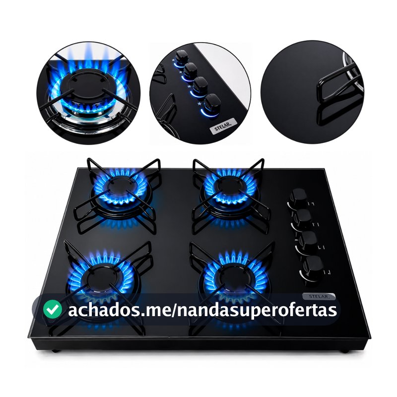 Fogão Cooktop De Mesa Portátil A Gás 4 Bocas Euro Stelar Preto