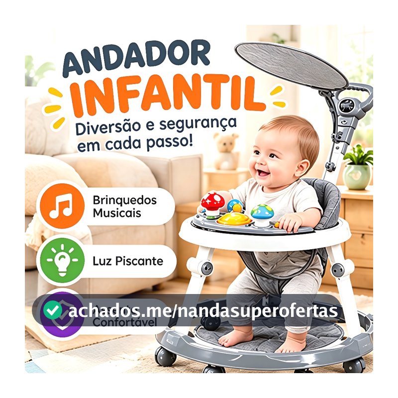 Andador Bebê Com Capota - Brinquedo Musical Educativo, Seguro Para O Bebê Aprender a Andar