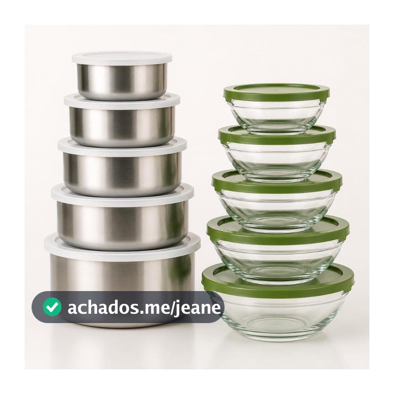 Kit 10 Potes Herméticos 5 Vidro Tigela + 5 Pote Inox com Tampa para Armazenar Alimentos Organizador de Cozinha