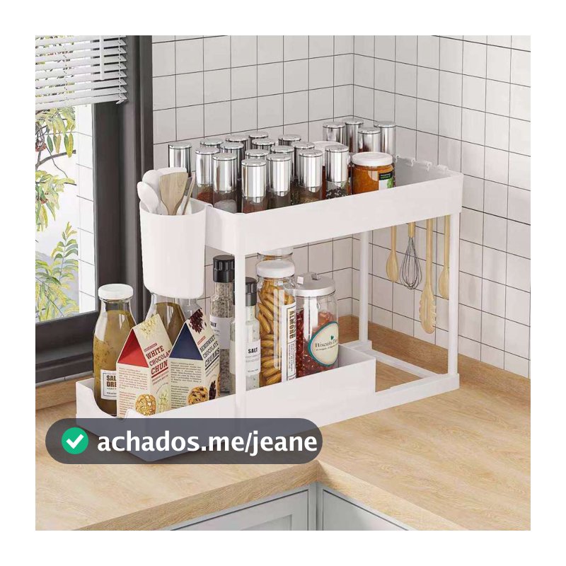 Organizador de Cozinha 2 Andares Metal Gaveta Deslizante com Ganchos pra Temperos Frascos e Acessórios Banheiro Multiuso