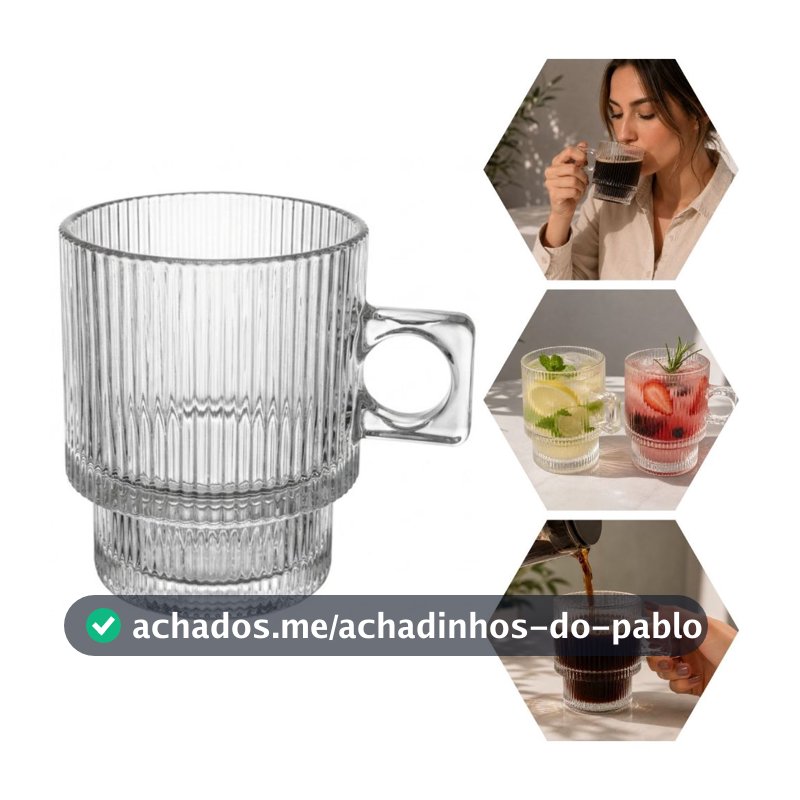 Kit até 8 Canecas Vidro 350ml Com Alça Transparente Estriada Para Cafe Cappuccino Canelada Broodway