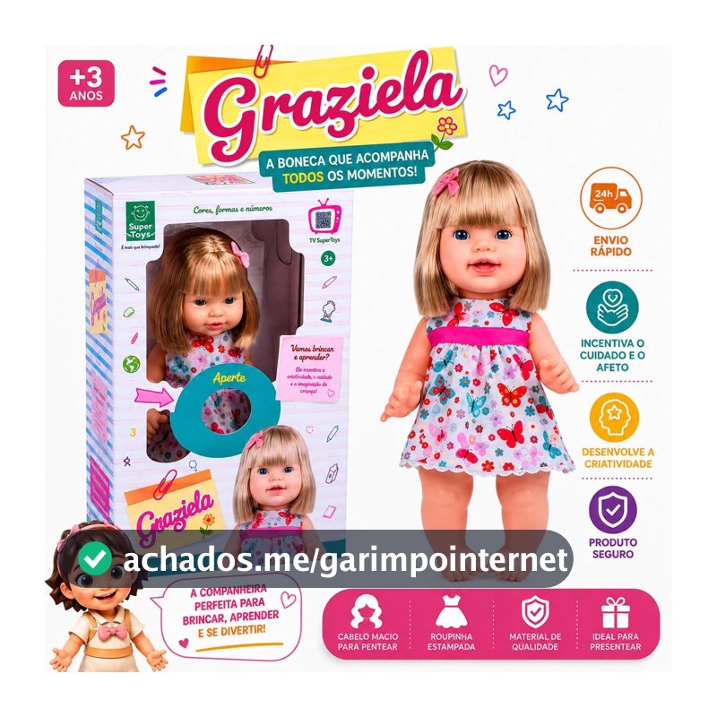 Boneca Graziela Fala 60 Frases Educativa Ensina Cores, Números e Formas Brinquedo Infantil - Super Toys
