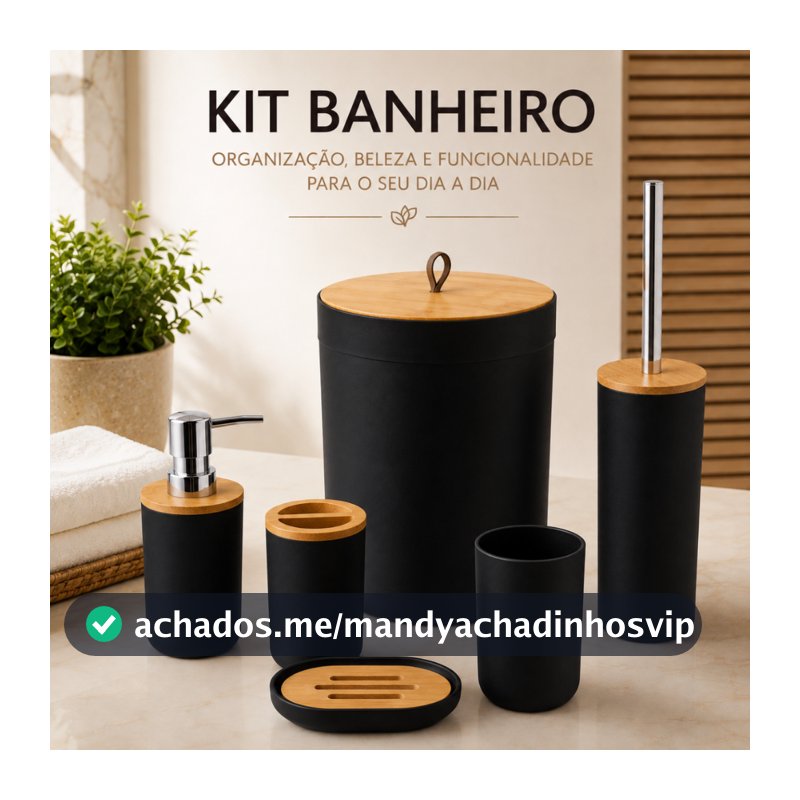 Kit Acessórios Banheiro Lavabo Luxo Bambu Completo Conjunto Organizador 6 Peças