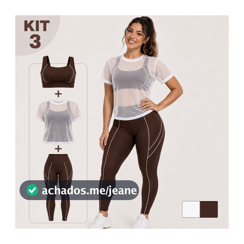 Conjunto Fitness Feminino 3 Peças Calça Legging + Top + Blusa Tule Academia Cintura Alta