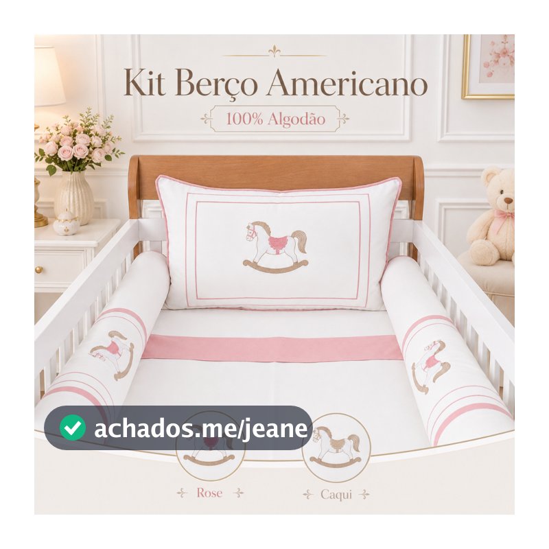 Kit Berço Protetor Americano Boiadeira Cavalinho Bordado Algodão Rosê com Mosquiteiro