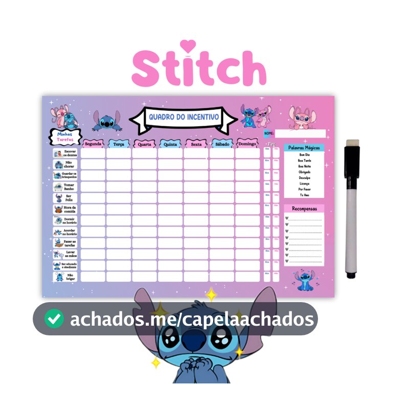 Quadro de Recompensa Disciplina - Quadro De Rotina  Infantil Lilo Stitch - Atividade Para Incentivo