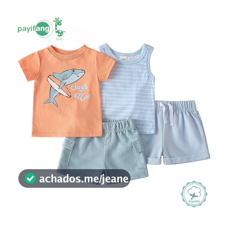 Kit 4 Peças Conjunto Verão Bebê Menino 60% Algodão 40% Poliéster Temática Tubarão Surf TM-4091