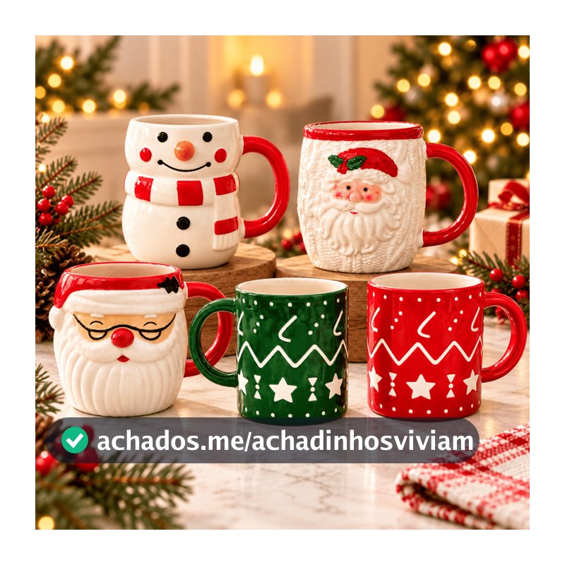Caneca de Cerâmica Natalina com Alça, Estampa Papai Noel e Boneco de Neve Decoração Natal