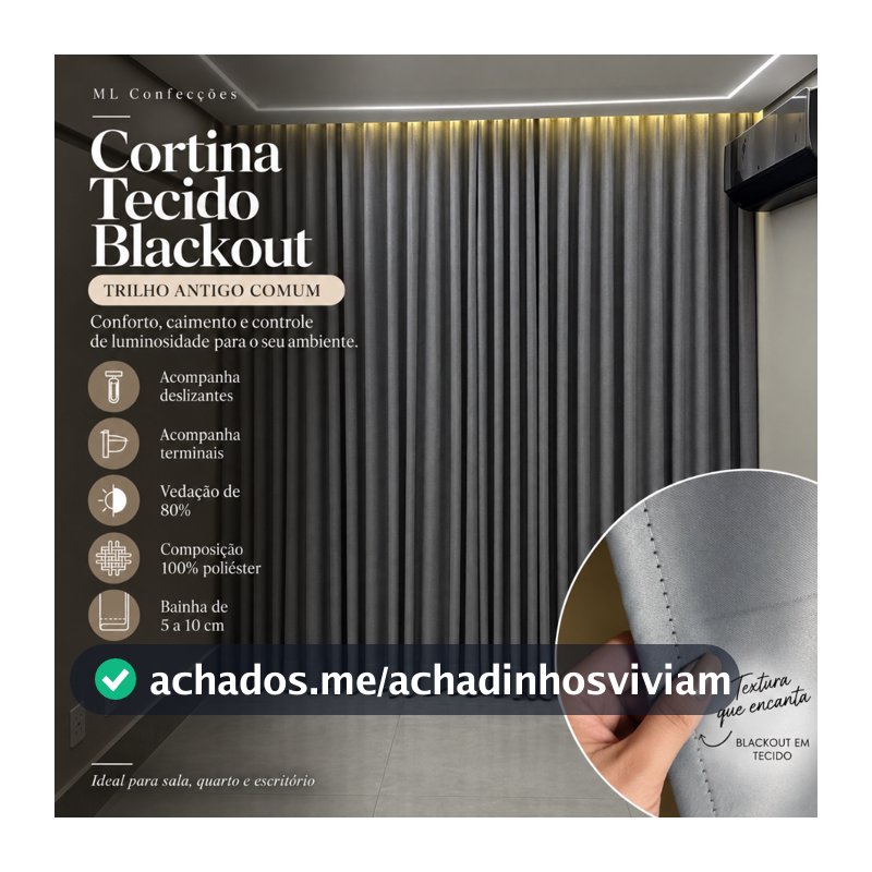 Cortina Trilho Suíço Blackout 6m x 2,30/ 2,40/ 2,50/ 2,60/ 2,70/ 2,80 Tecido 80% Corta Luz