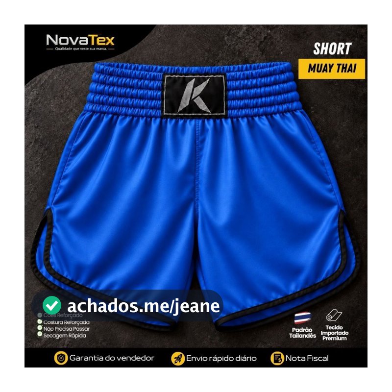 Short Muay Thai Tradicional Azul Liso Unissex Basico Alta Qualidade Treino Luta